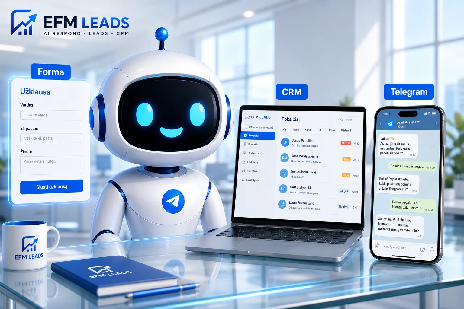 EFM LEADS — svetainės forma, EFM CRM ir Lead Assistant Telegram